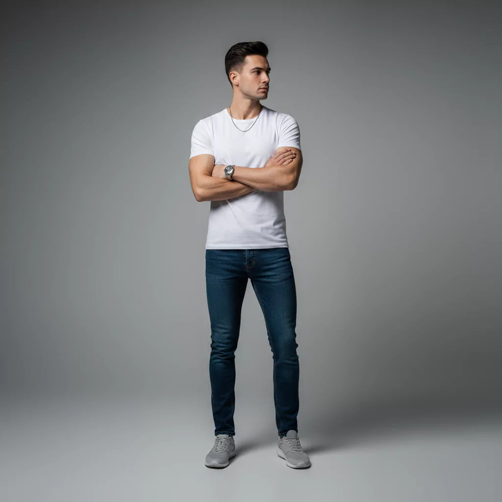 A model wearing plain cosmo white shirt 100% cotton