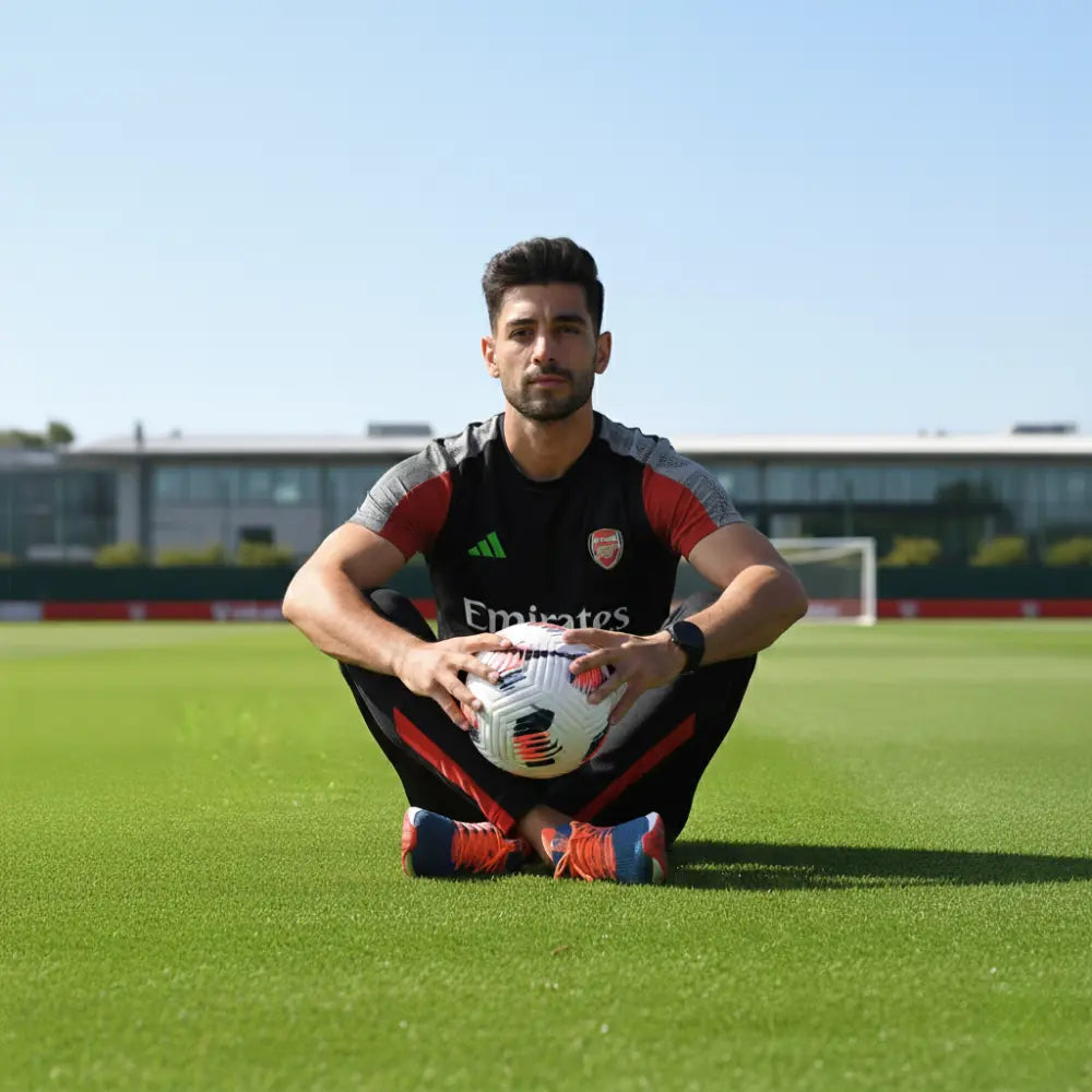 Person holding a soccer ball on a sports field with Emirates branding