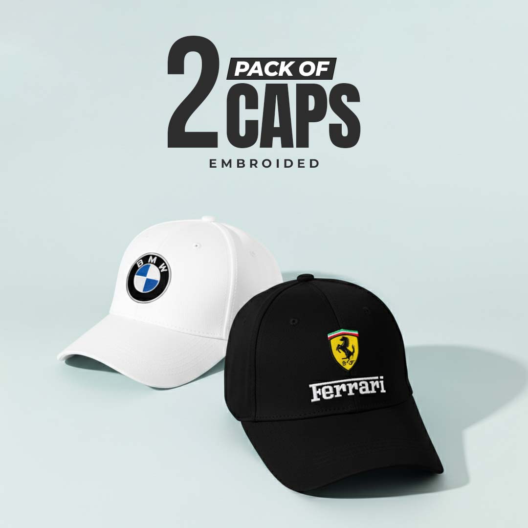 Two caps with BMW and Ferrari logos on a light blue background