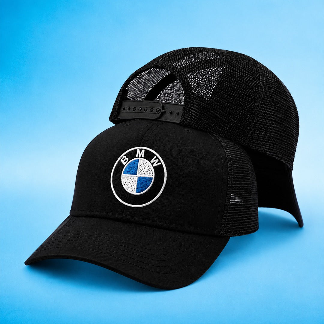 Embroidered Trucker BMW Cap | Black Black Cotton-Mesh Cosmo Attire