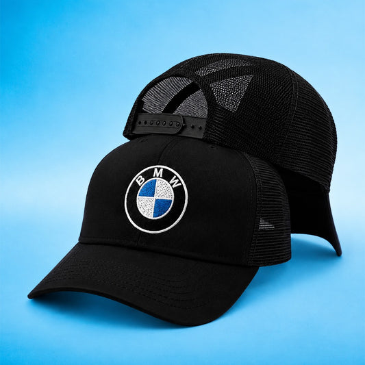 Embroidered Trucker BMW Cap | Black Black Cotton-Mesh Cosmo Attire