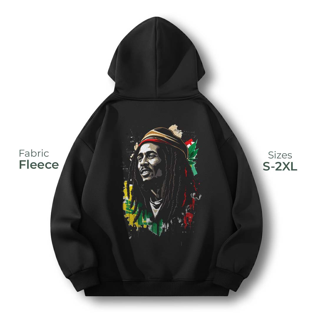 Black hoodie with a graphic of a famous person on a white background