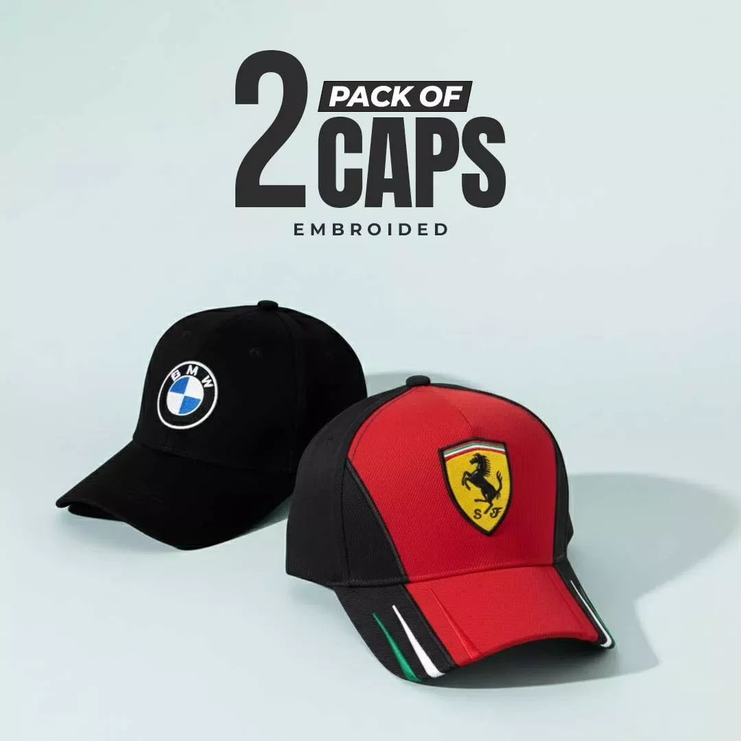 Embroidered Rosso & BMW Cap Pack of 2 BMW Black & Ferrari Rosso Red Cosmo Attire