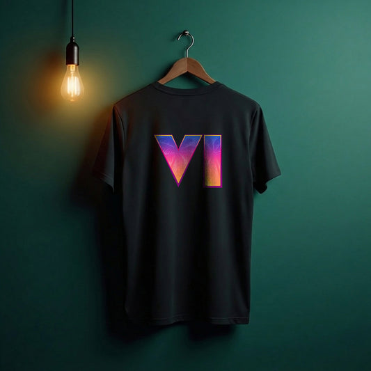 A black short-sleeve t-shirt hanging on a wooden hanger against a dark teal-green wall, featuring a large stylized 'VI' graphic on the chest with a colorful gradient of purple, pink, orange, and yellow.