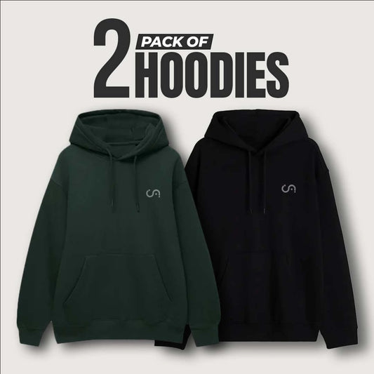 Two hoodies, one green and one black, with a brand logo on a white background.