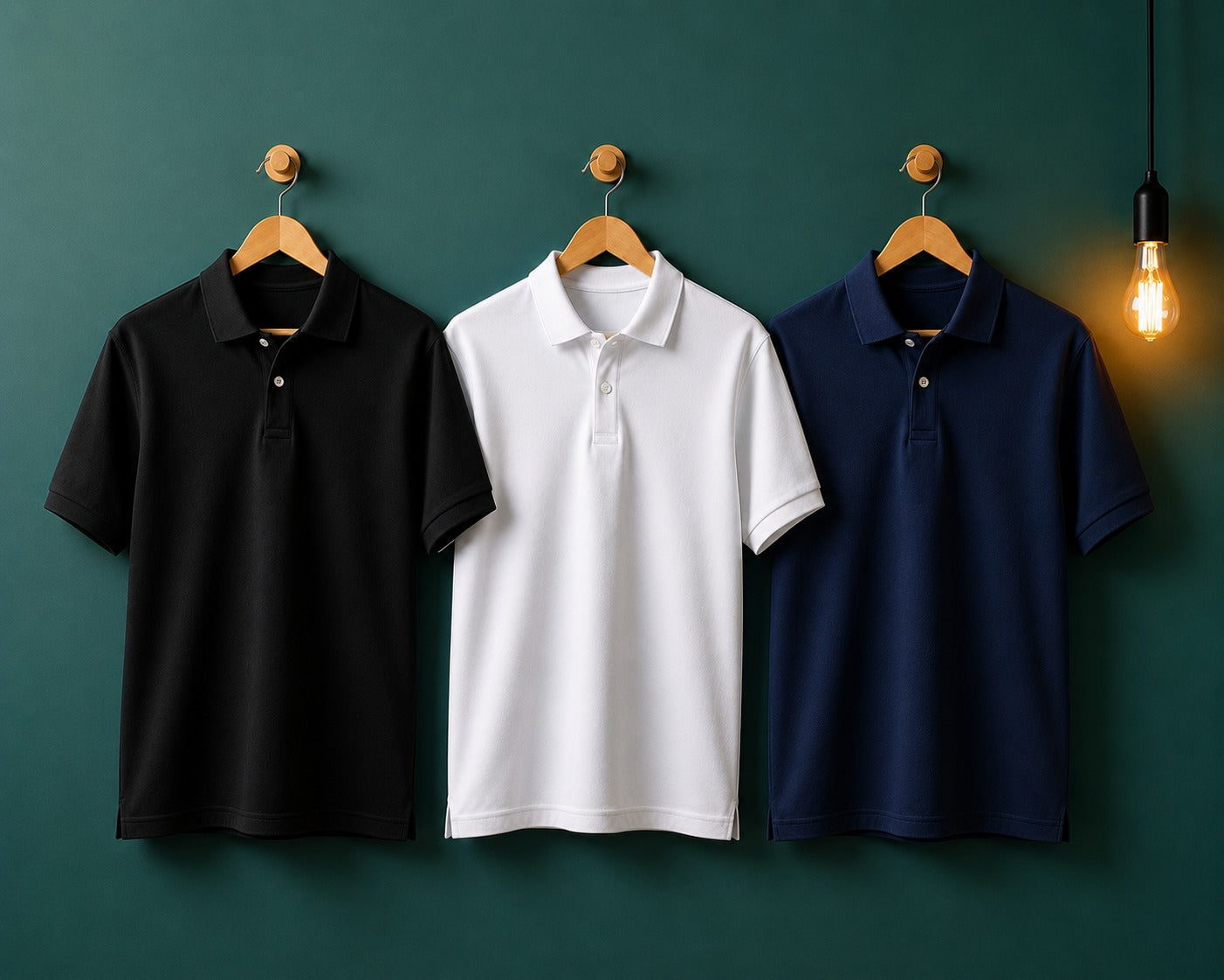 Three short-sleeve polo shirts in black, white, and navy blue hang side by side on wooden hangers against a dark green wall, with a warm hanging light bulb on the right.