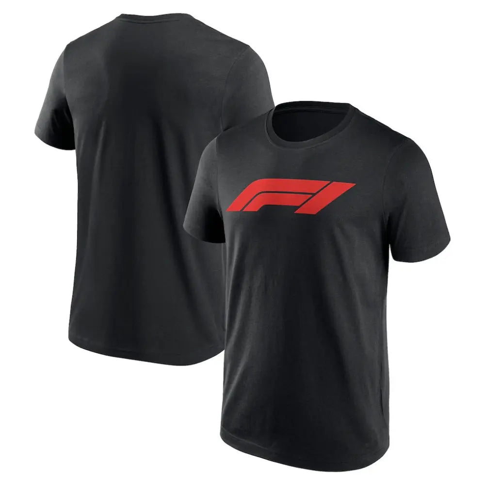 Black t-shirt with red logo on a white background
