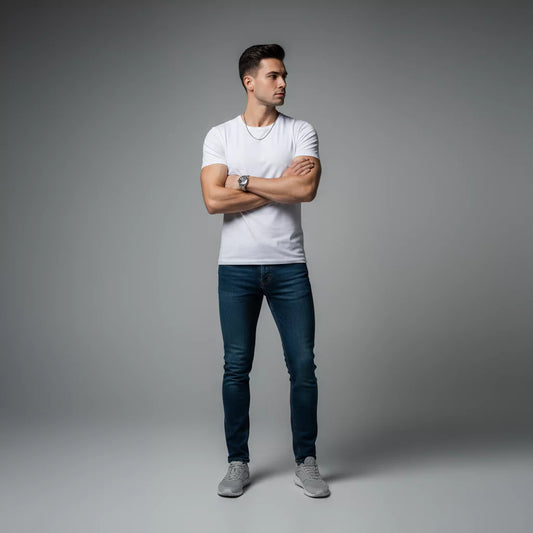 A model wearing plain cosmo white shirt 100% cotton