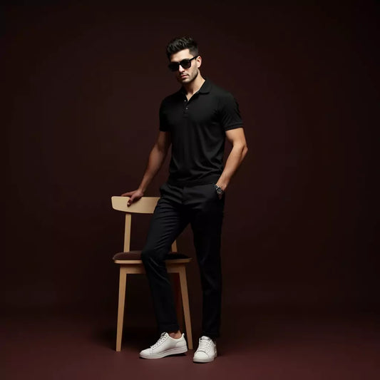 Man in black outfit with sunglasses leaning against a wooden chair on a dark background