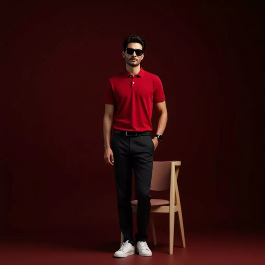 Man wearing a red polo shirt and sunglasses standing against a dark red background with a chair.