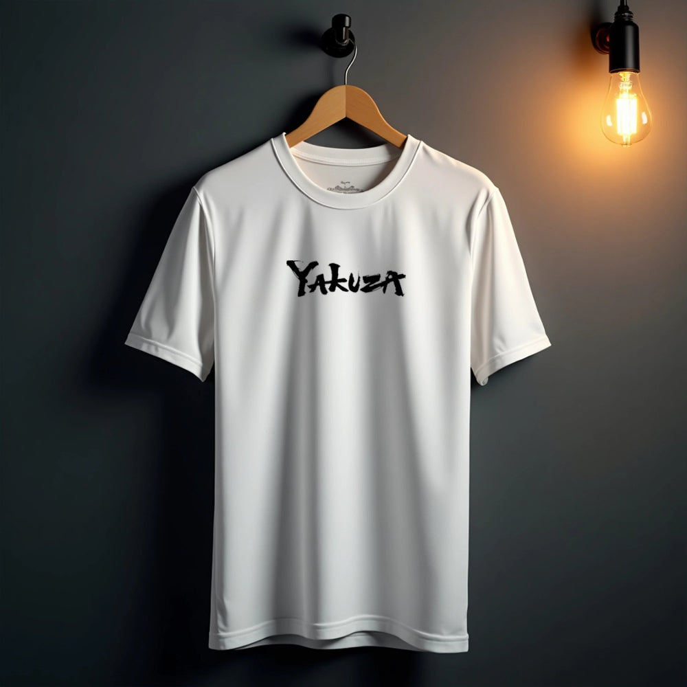 White t-shirt with 'Yakuza' logo on a hanger against a dark background