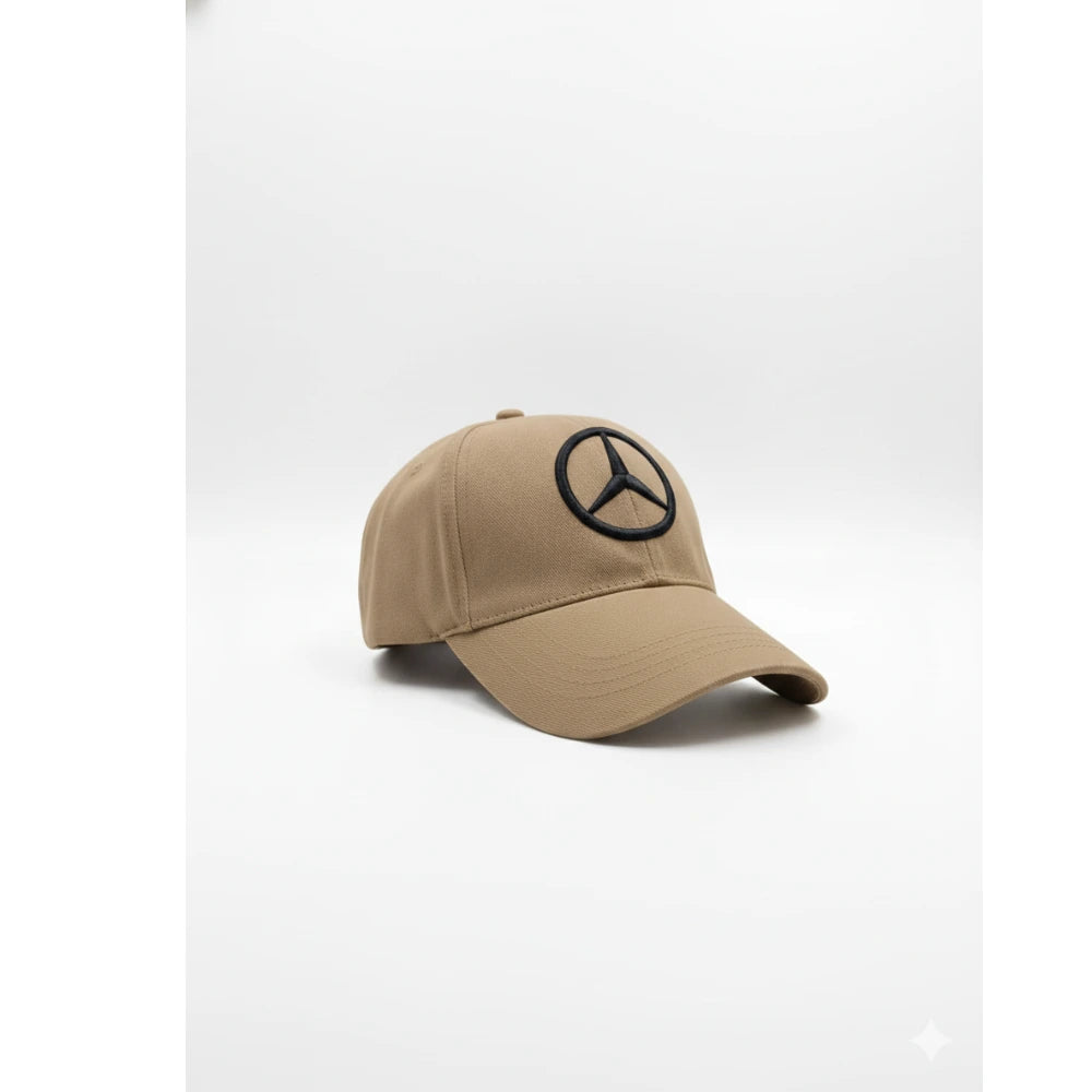 Beige cap with a black logo on a white background