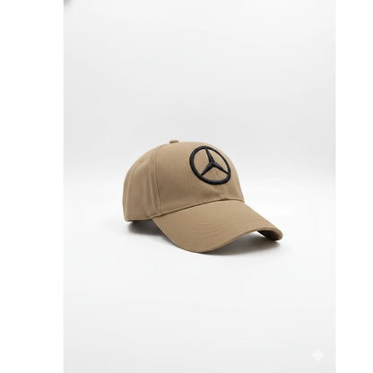 Beige cap with a black logo on a white background