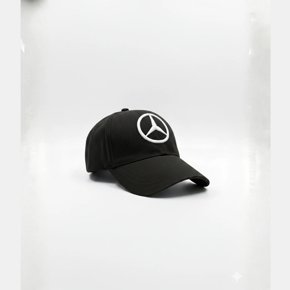Black cap with Mercedes-Benz logo on a white background