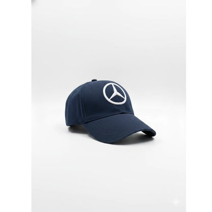 Navy blue cap with Mercedes-Benz logo on a white background