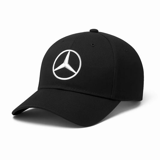 Black cap with Mercedes-Benz logo on a white background