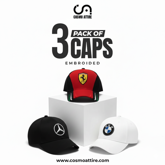 Embroidered Speed Icons Cap Pack of 3 1x Red Ferrari 1x White Merc 1x Black Bmw Acrylic Cosmo Attire