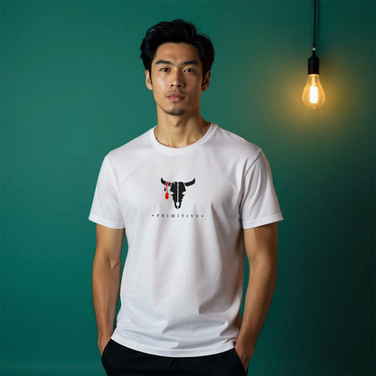 Man wearing a white t-shirt with a logo against a teal background with a light bulb.