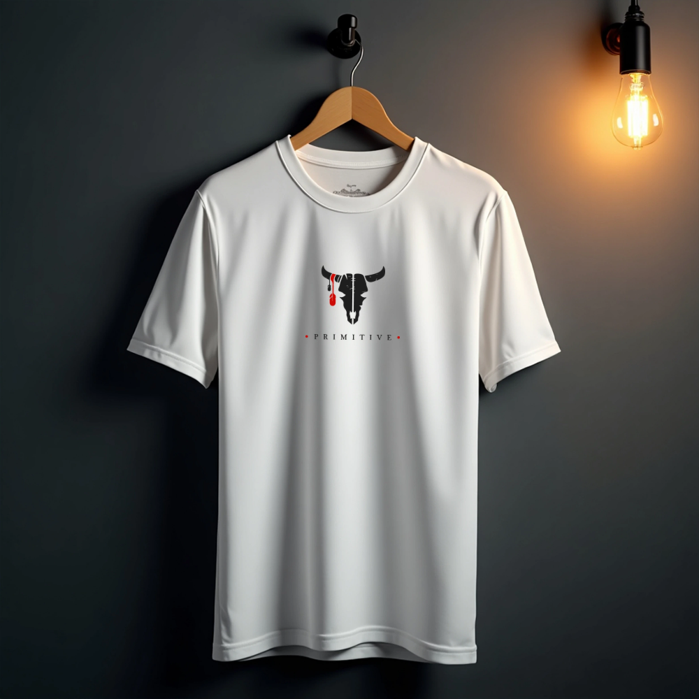 White t-shirt with a graphic design on a hanger against a dark background
