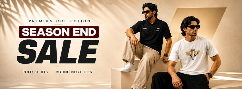 Promotional banner for a premium collection season end sale, featuring two men wearing polo shirts and t-shirts in a stylized studio setting with geometric shapes and leaf shadows.
