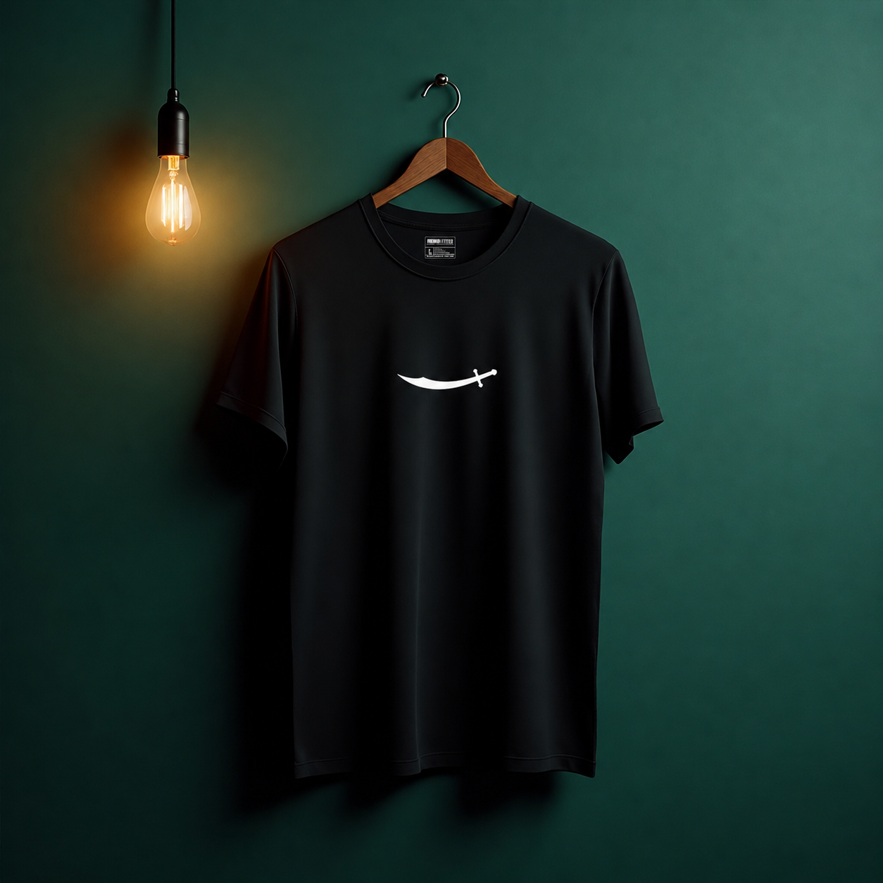Black t-shirt with a white logo on a hanger against a dark green wall with a light bulb.