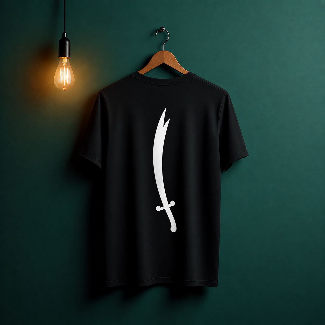 Black t-shirt with a white sword graphic on a hanger against a dark green wall.